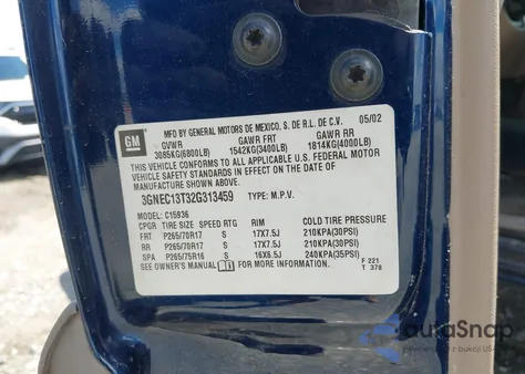 2002 Chevrolet Avalanche 1500 from USA, damaged, VIN 3GNEC13T32G313459